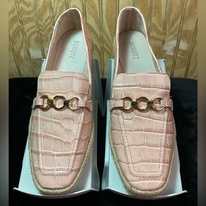 SCHUTZ Blush Croc-Patterned Loafers with Gold Accent